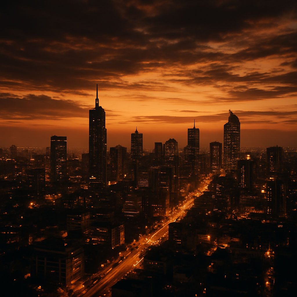 Vue aérienne d'une métropole africaine au coucher du soleil